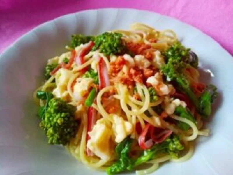 玉子どうふの春色パスタ