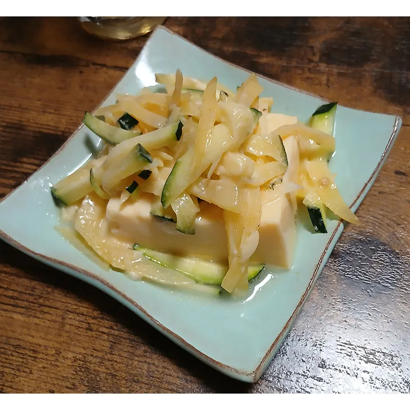 ズッキーニマヨジャガイモ炒めのせ玉子どうふ
